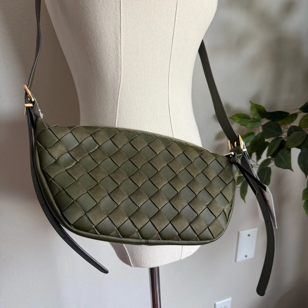 NWT Olive Green Woven Vegan Leather Crossbody Bag